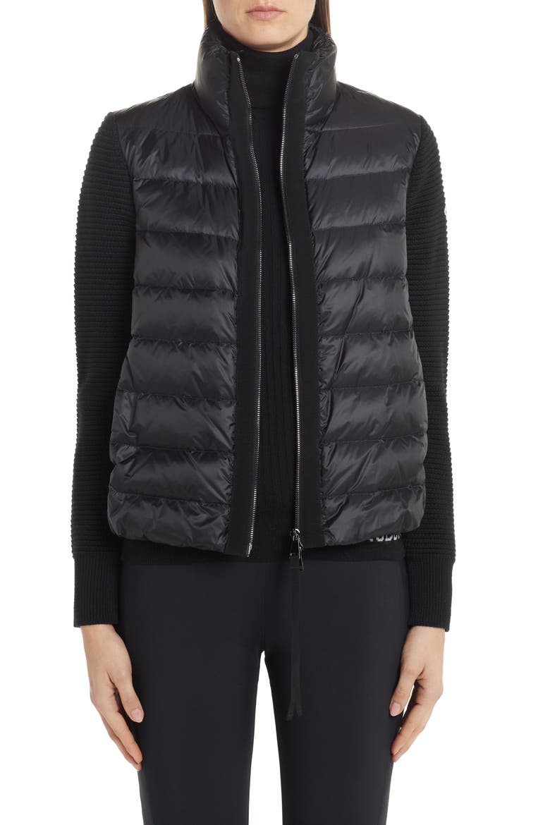 Quilted Down & Wool Short Cardigan, Alternate, color, BLACK