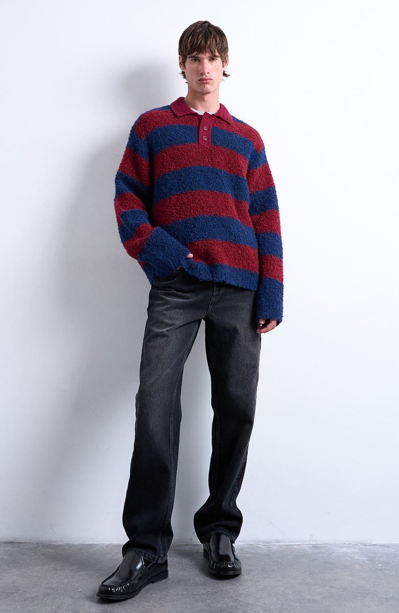 Topman Oversize Stripe Bouclé Polo Sweater, Alternate, color, Burgundy