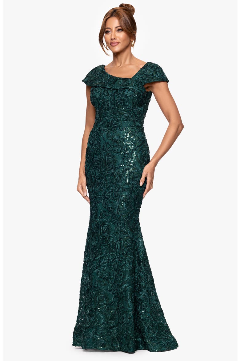 Asymmetric Neck Sequin Floral Mermaid Gown, Alternate, color, HUNTER