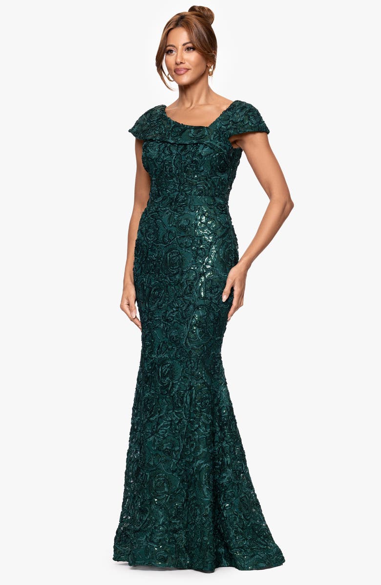 Xscape Evenings Asymmetric Neck Sequin Floral Mermaid Gown, Alternate, color, Hunter