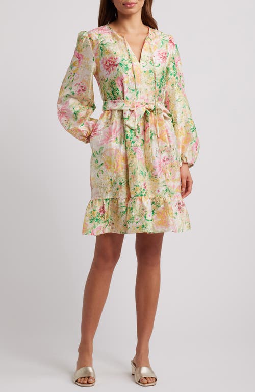 Julia Jordan Floral Long Sleeve Crinkled Satin Babyboll Dress in Ivory Multi 