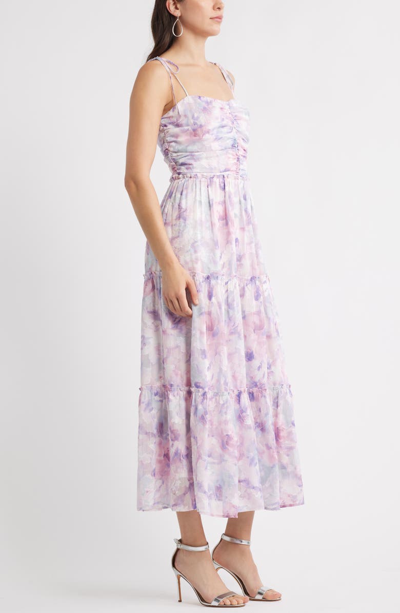 Chelsea28 Ruched Metallic Maxi Dress, Alternate, color, Blue- Purple Floral