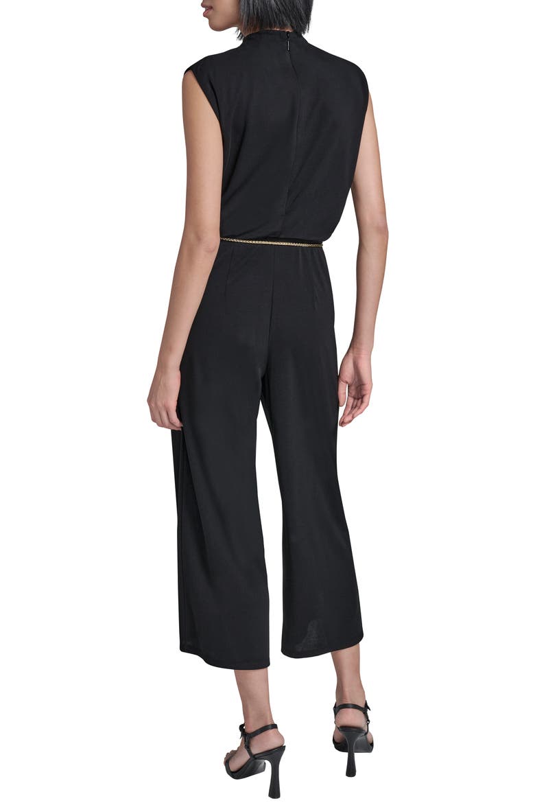 Jersey Jumpsuit with Faux Pearl Chain Belt, Alternate, color, BLACK