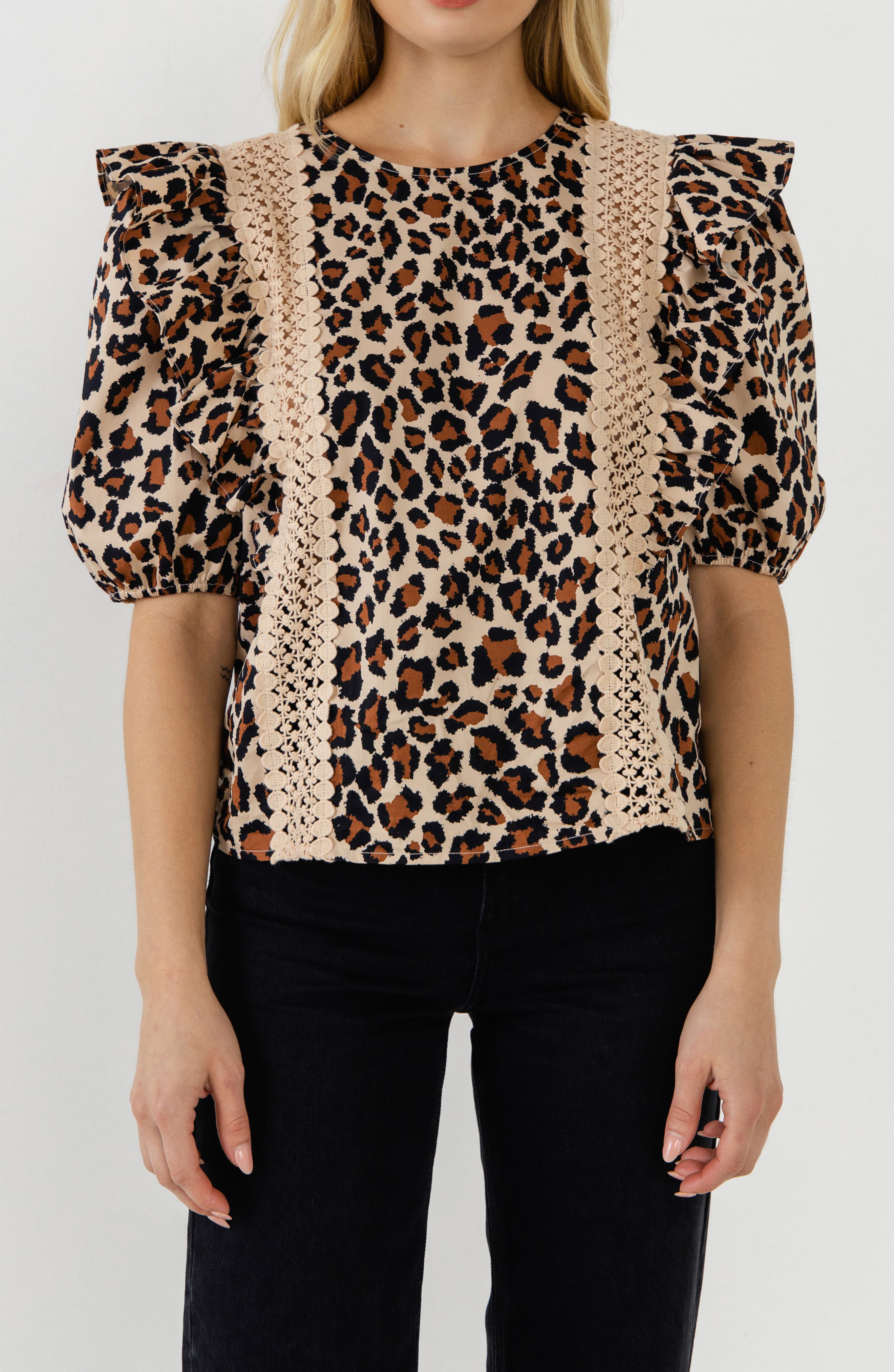 Leopard Print Ruffle Shoulder Cotton Top - image 2