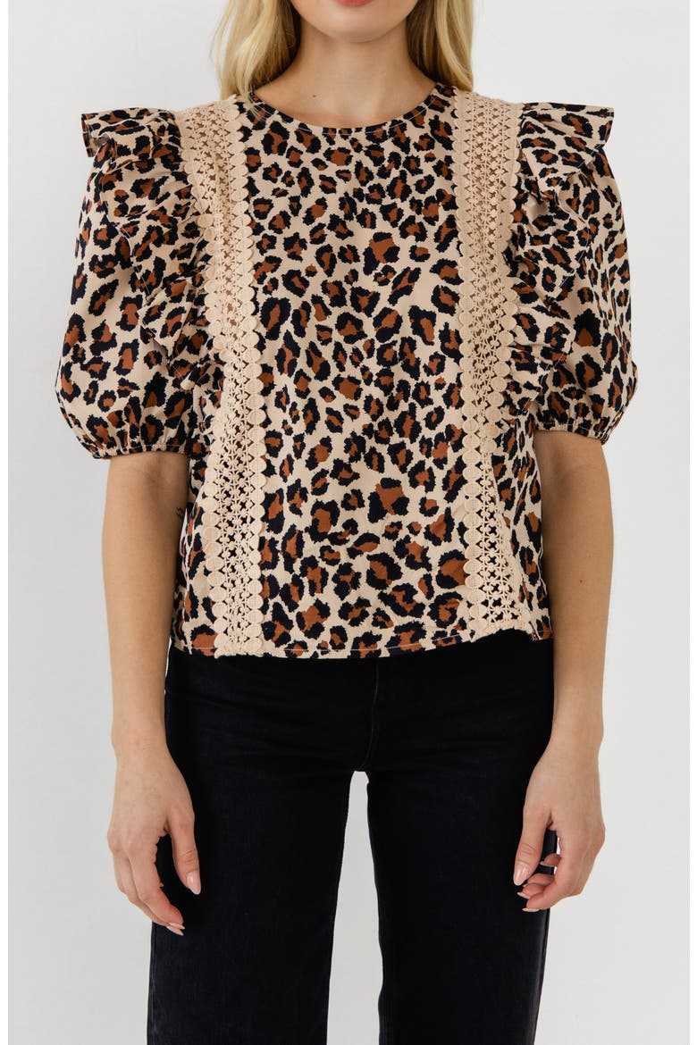 Leopard Print Ruffle Shoulder Cotton Top, Alternate, color, TAN MULTI