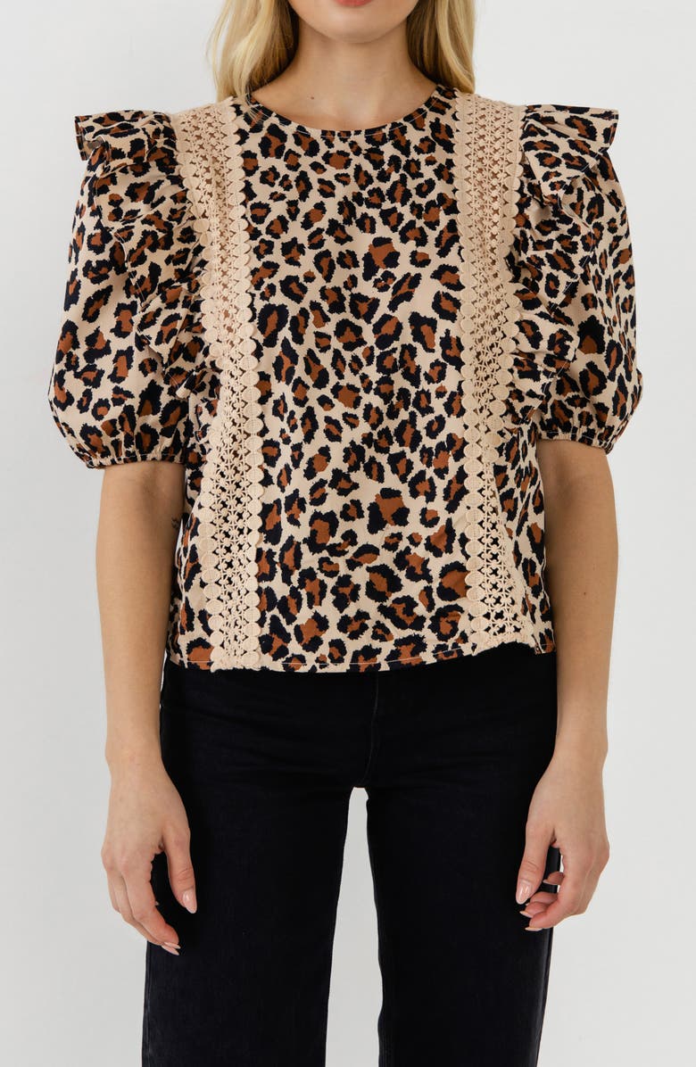English Factory Leopard Print Ruffle Shoulder Cotton Top, Alternate, color, Tan Multi