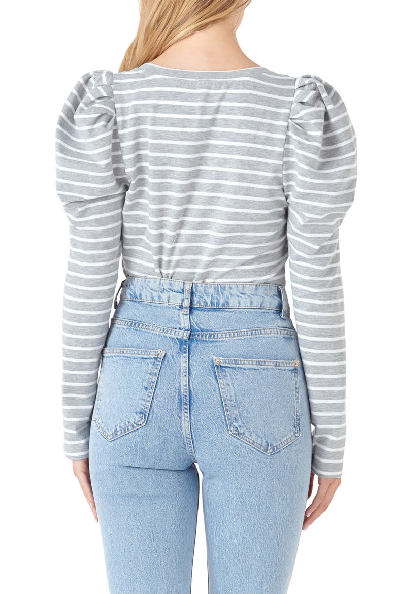 Stripe Puff Sleeve Knit Top, Alternate, color, HEATHER GREY/ WHITE
