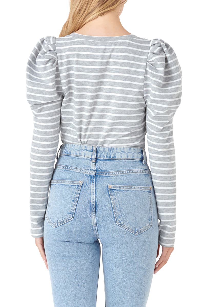 English Factory Stripe Puff Sleeve Knit Top, Alternate, color, Heather Grey/ White