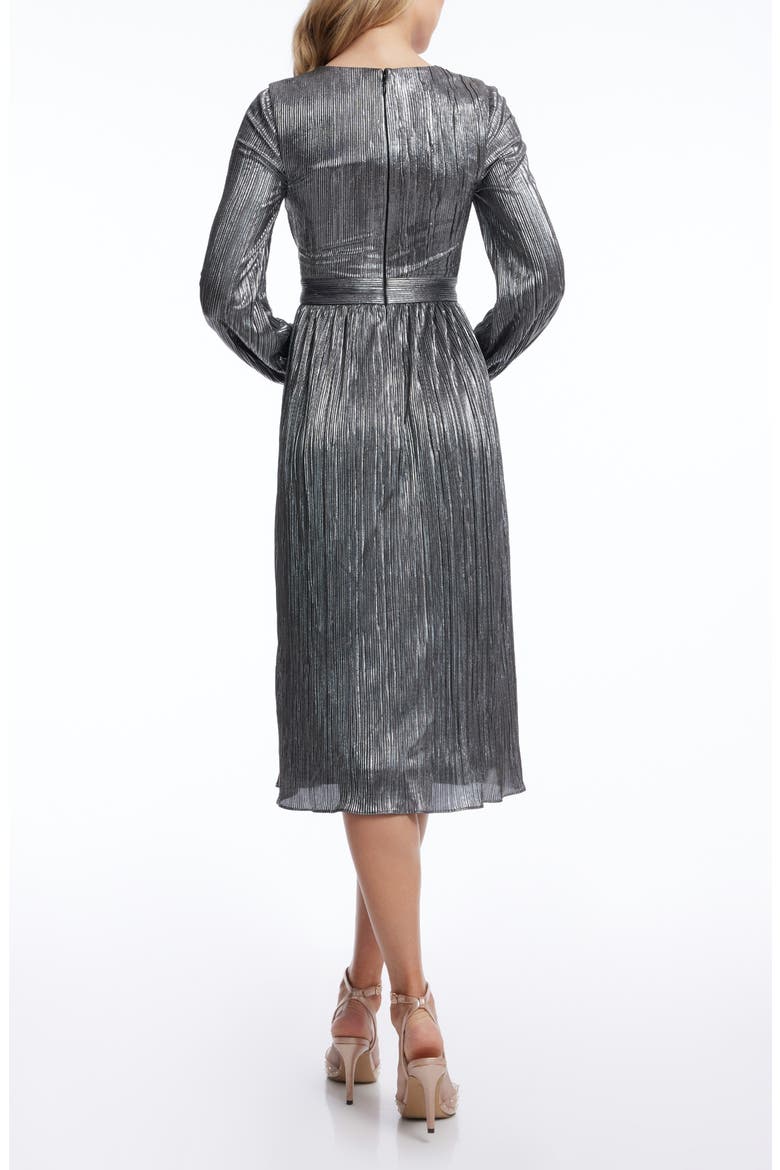 Holly Long Sleeve Metallic Plissé Dress, Alternate, color, SILVER