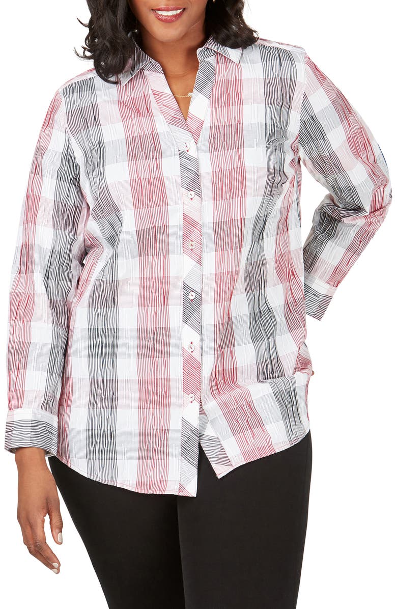 Foxcroft Crinkled Buffalo Check Tunic Shirt, Main, color, 