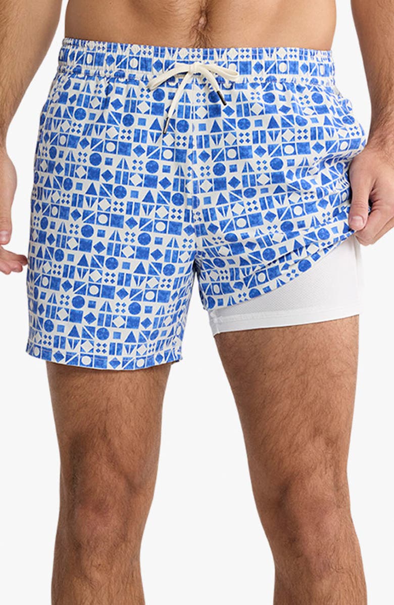 Fair Harbor Bungalow Tile Print Water Repellent Swim Trunks, Alternate, color, Azure Geo
