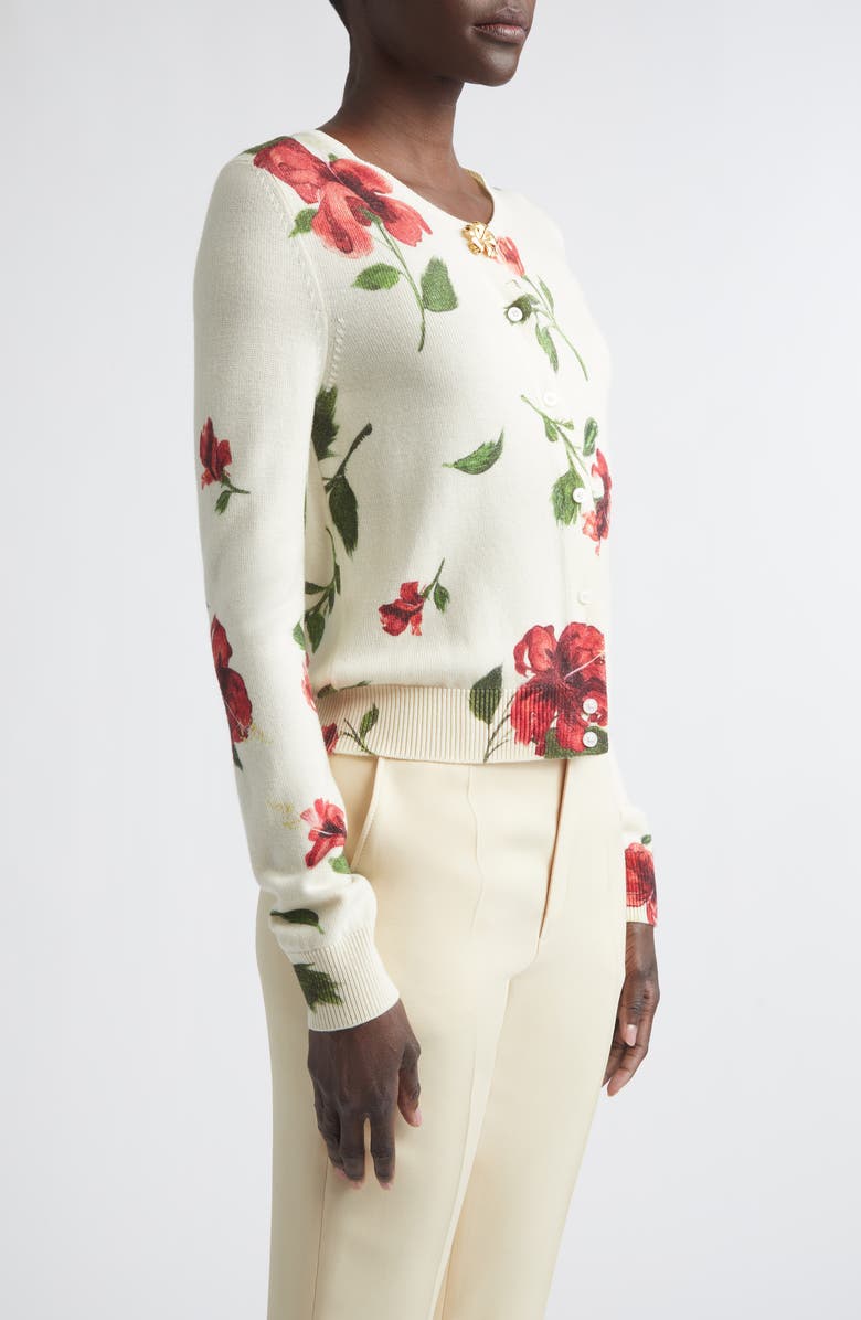Oscar de la Renta Hibiscus Print Virgin Wool Cardigan, Alternate, color, Ivory