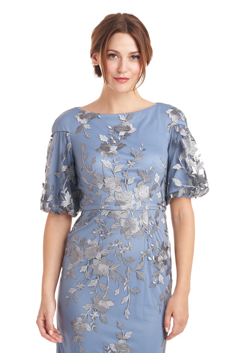 Daisy Puff Sleeve Cocktail Dress, Alternate, color, SILVER/ TRUE BLUE