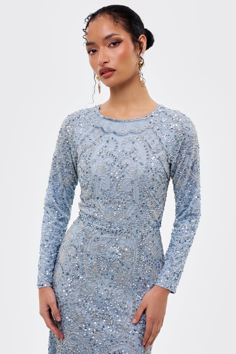 Modest Embellished Sequins Fitted Maxi Dress, Alternate, color, BLUE