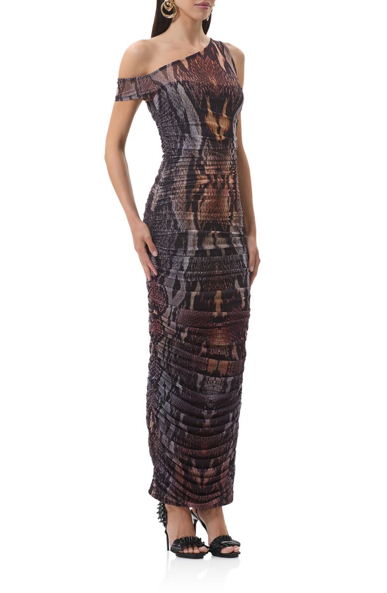 AFRM Biona Printed One-Shoulder Ruched Mesh Maxi Dress, Alternate, color, Placed Umber Snake