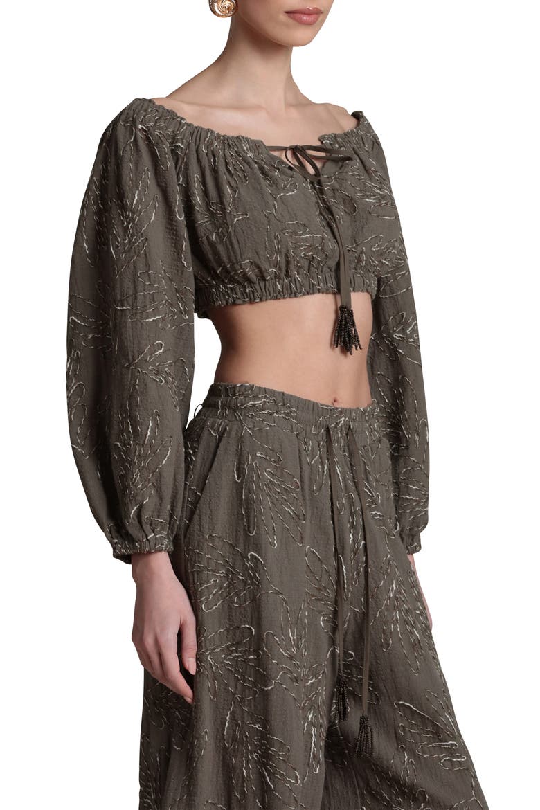 Embroidered Puff Sleeve Crop Top, Alternate, color, OLIVE