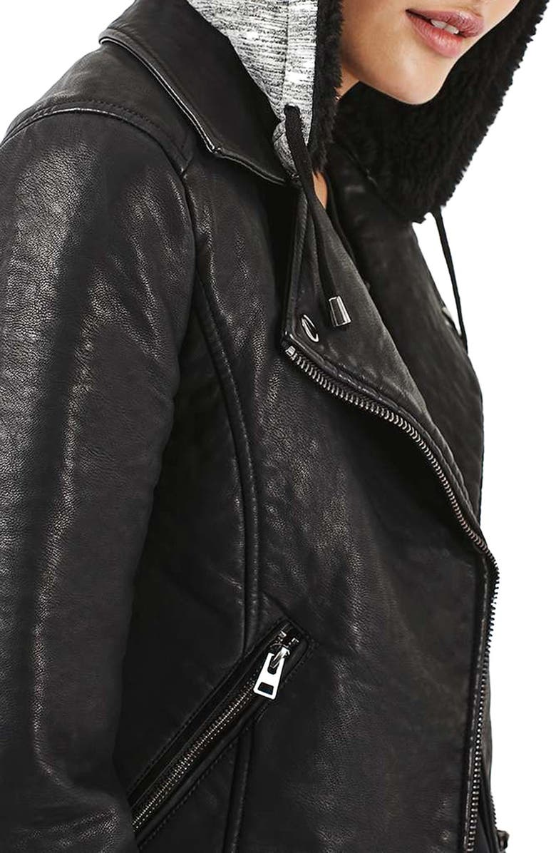 Topshop Maggie Faux Leather Biker Jacket with Hood, Alternate, color, 