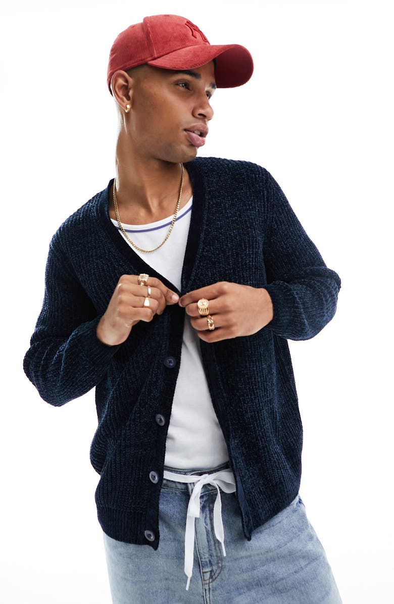 ASOS DESIGN Relaxed V-Neck Chenille Cardigan, Main, color, 