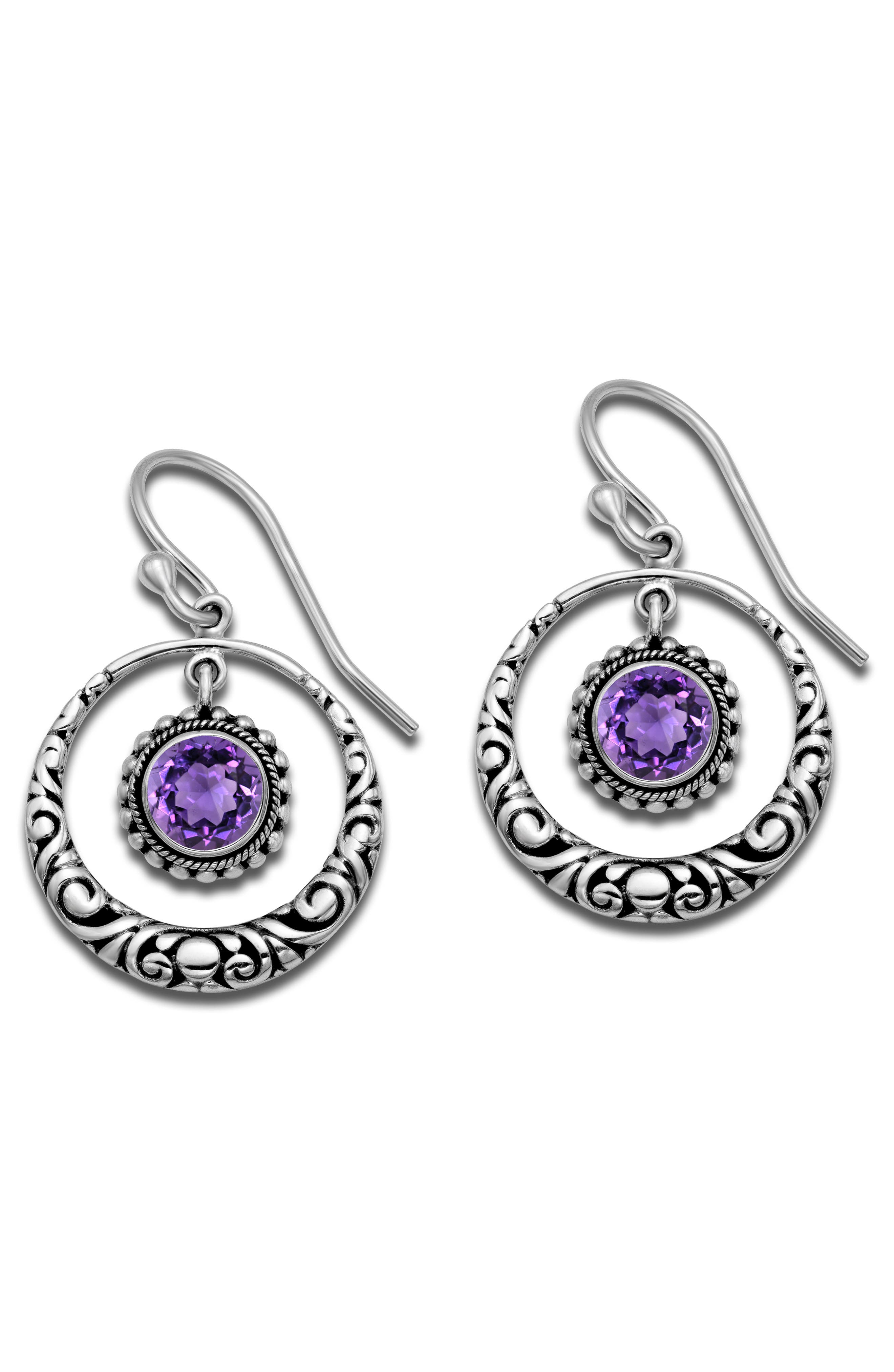 Sterling Silver Amethyst Round Drop Earrings