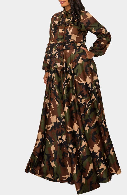 L I V D Bella Donna Camo Tie Neck Long Sleeve Maxi Shirtdress In Camo