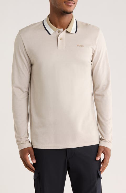 Stripe Collar Long Sleeve Cotton Piqué Polo