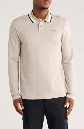 BOSS Stripe Collar Long Sleeve Cotton Piqué Polo