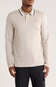 BOSS Stripe Collar Long Sleeve Cotton Piqué Polo