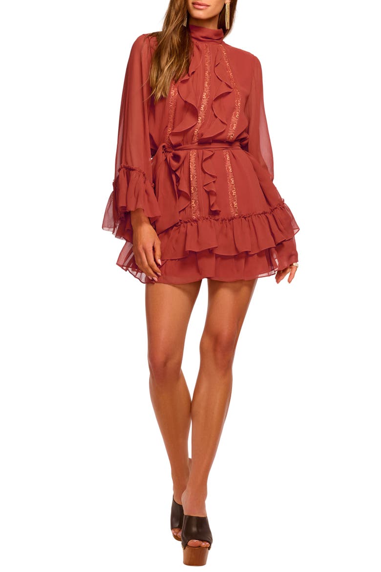 Claudia Lace & Ruffle Detail Long Sleeve Silk Minidress, Main, color, AMBER