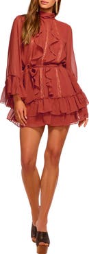 Ramy Brook Claudia Lace & Ruffle Detail Long Sleeve Silk Minidress