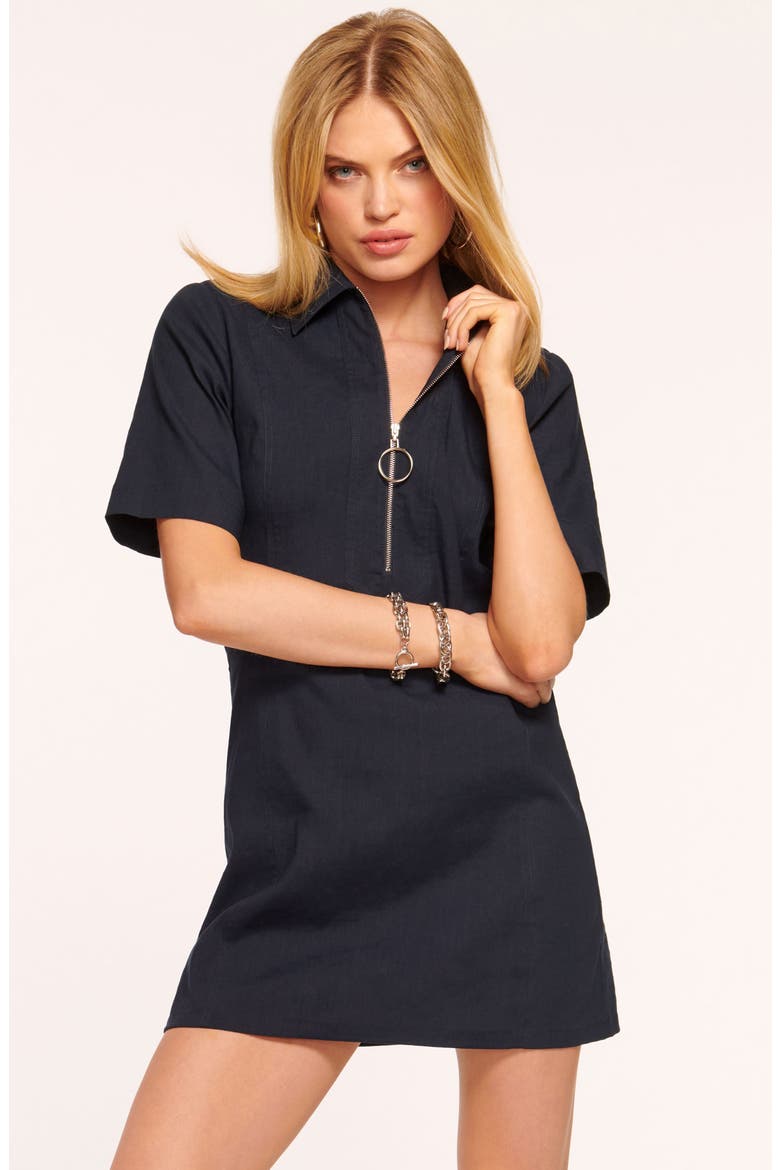 Tunechi Half Zip Linen Blend Shift Dress, Alternate, color, NAVY
