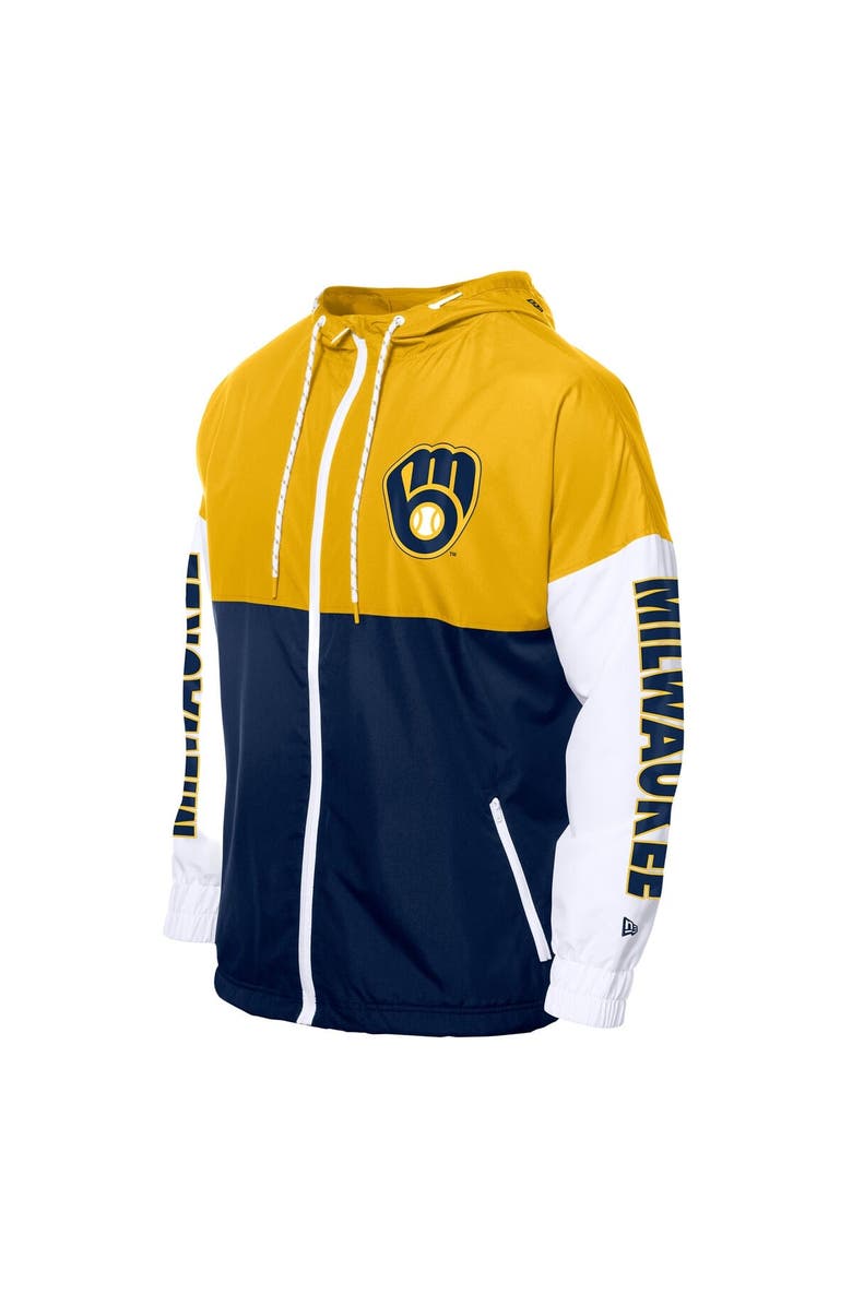 New Era Men's New Era  Navy/Gold Milwaukee Brewers Color Block Full-Zip Hoodie Windbreaker, Alternate, color, 