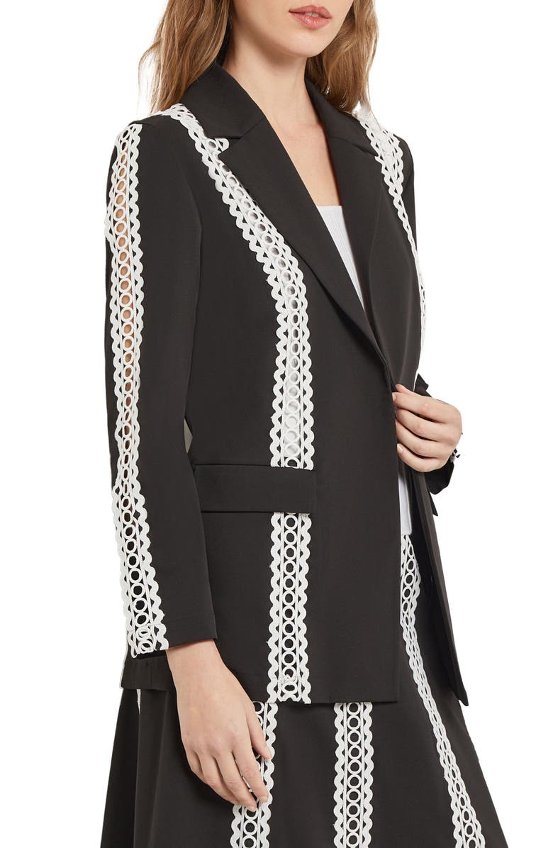 Misook Heritage Eyelet Lace Stripe Jacket, Alternate, color, Black/White