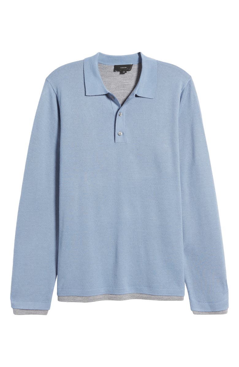 Vince Double Layer Long Sleeve Merino Wool Polo Sweater, Alternate, color, Pacific Blue/ Heather Grey