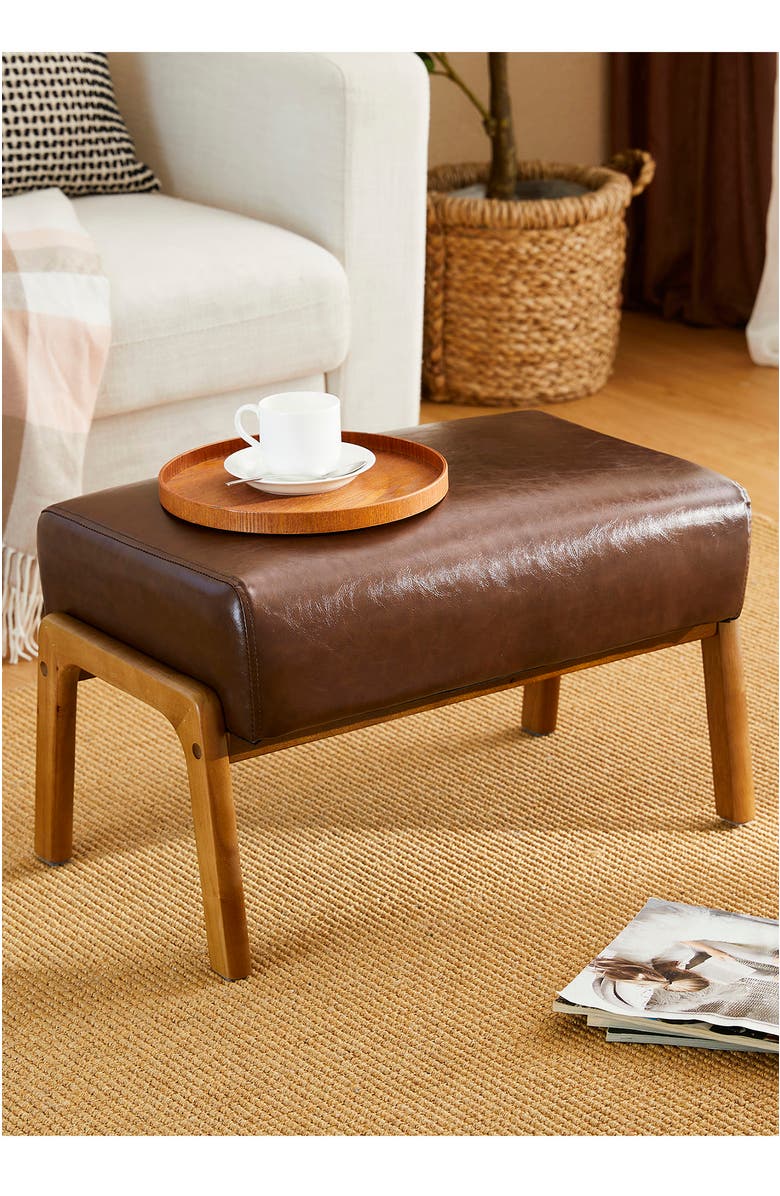 Glitzhome Mid-century Modern Faux Leather Accent Stool with Walnut Rubberwood Legs, Alternate, color, Coffee