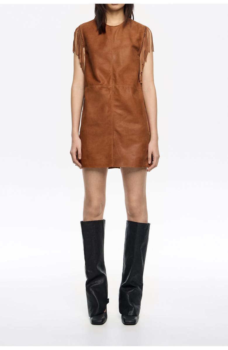 Bimba y Lola Fringed Leather Dress, Main, color, Tobacco