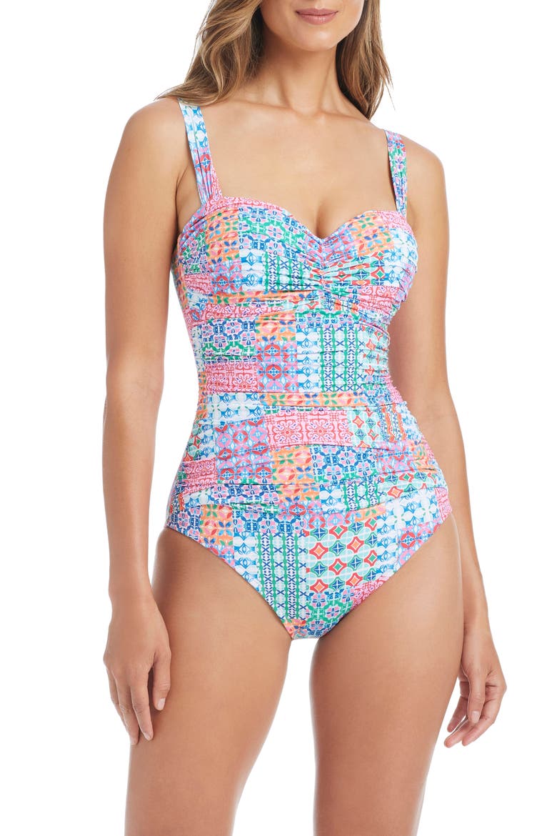 Shirred Underwire One-Piece Swimsuit, Main, color, MULTI PINK