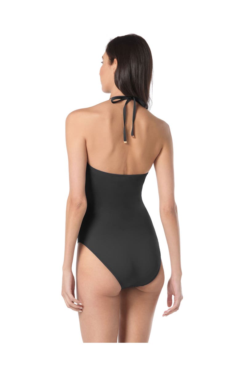 Kate Spade New York Contrast Rosette Solids Bandeau One Piece Swimsuit, Alternate, color, Black