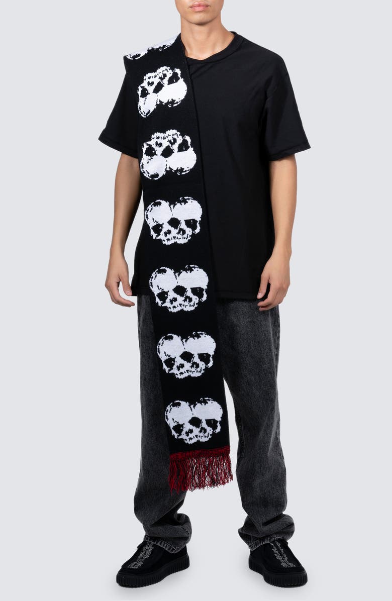 PLEASURES Skull Graphic Fringed Scarf, Main, color, Black