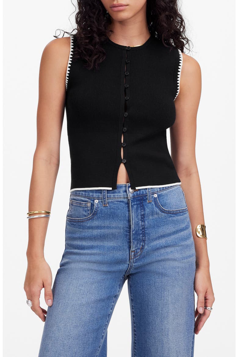 Blanket Stitch Crewneck Sweater Tank Top, Main, color, BLACK/ IVORY WHIPSTITCH