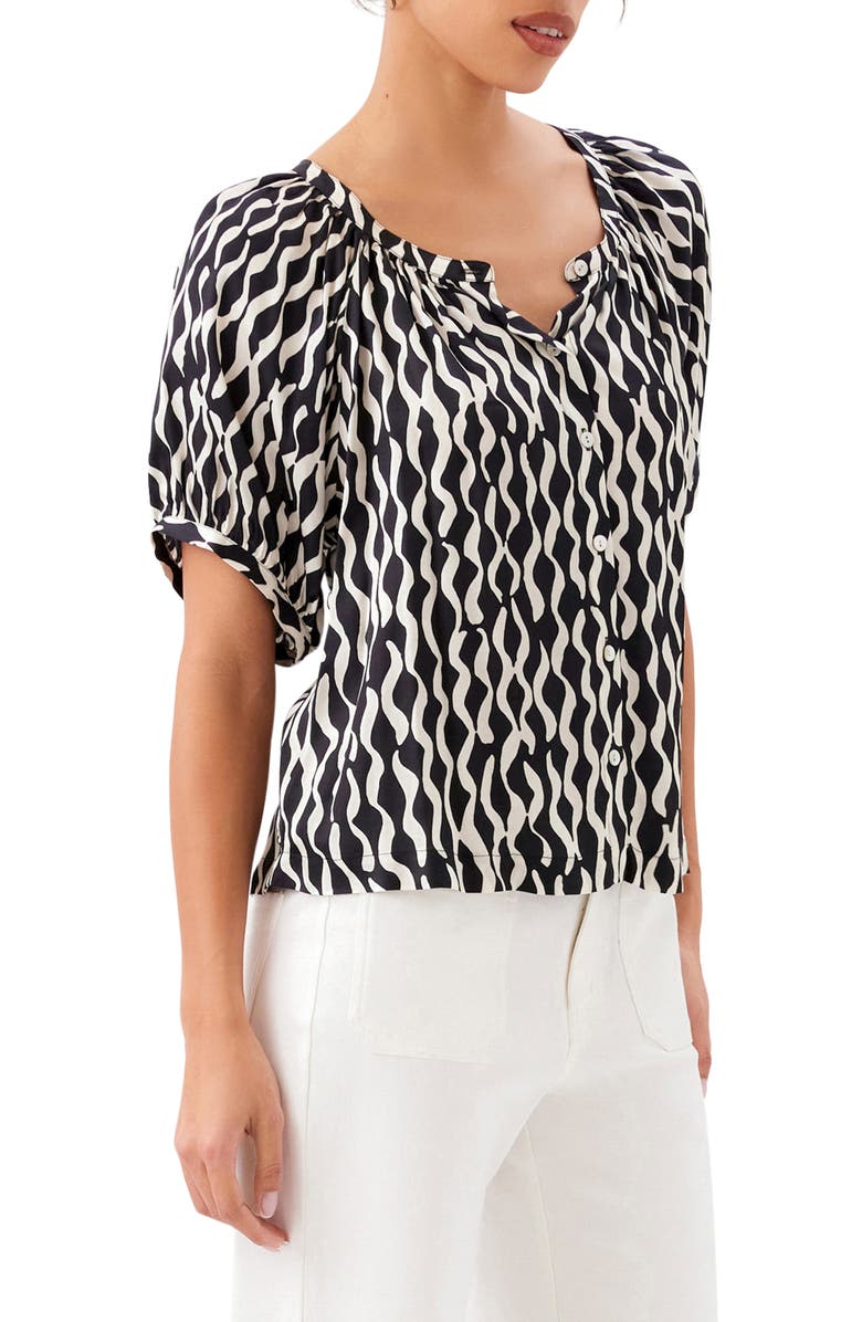 Karen Kane Print Satin Button-Up Peasant Top, Alternate, color, Print