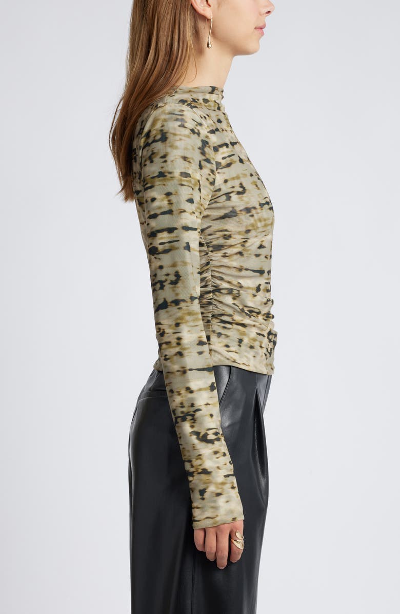 Open Edit Ruched Mock Neck Mesh Top, Alternate, color, Olive Shadow Dye