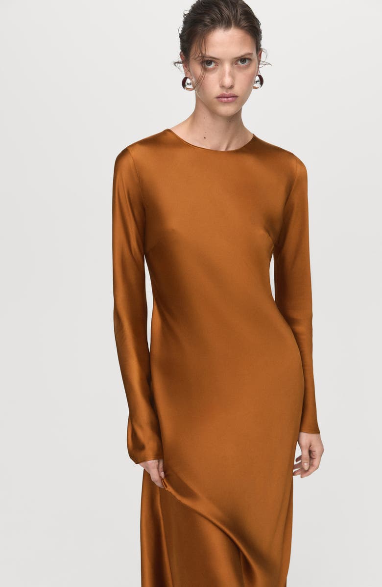 MANGO Long Sleeve Satin Midi Dress, Alternate, color, Ochre