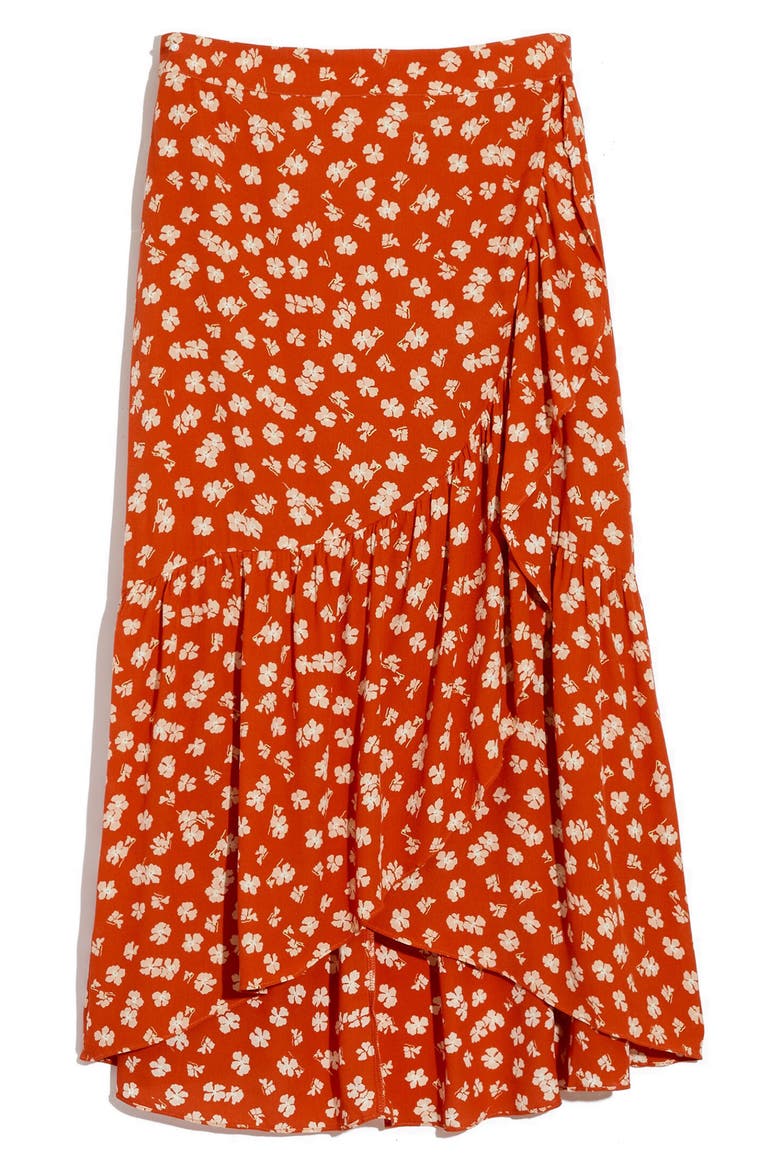 Happy Hibiscus Ruffle Faux Wrap Midi Skirt, Alternate, color, SMALL ALOHA THAI CHILI