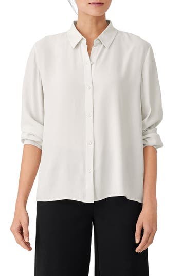 Eileen Fisher Classic Collar Easy Silk Button-up Shirt In White