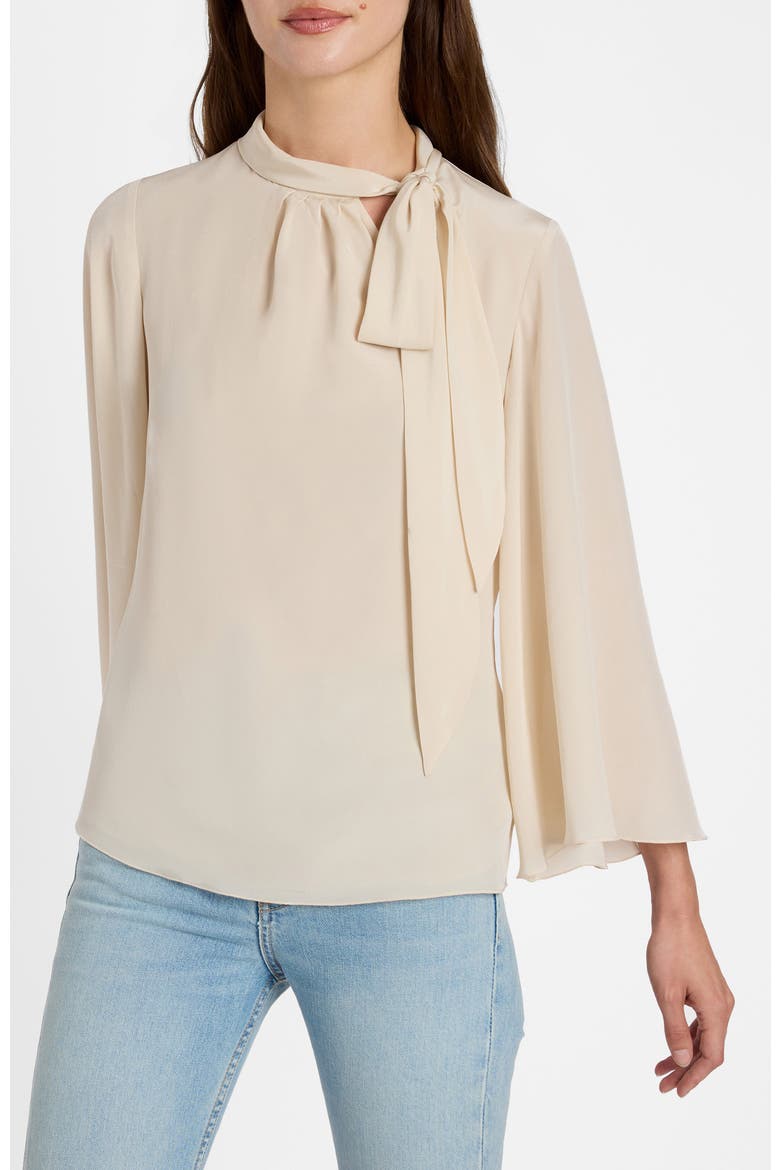 Lena Tie Neck Blouse in Silk Crepe De Chine, Alternate, color, Latte