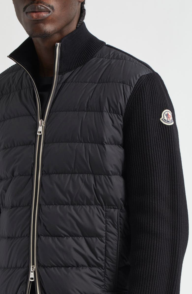 Moncler Quilted Down & Cotton Knit Cardigan, Alternate, color, Black