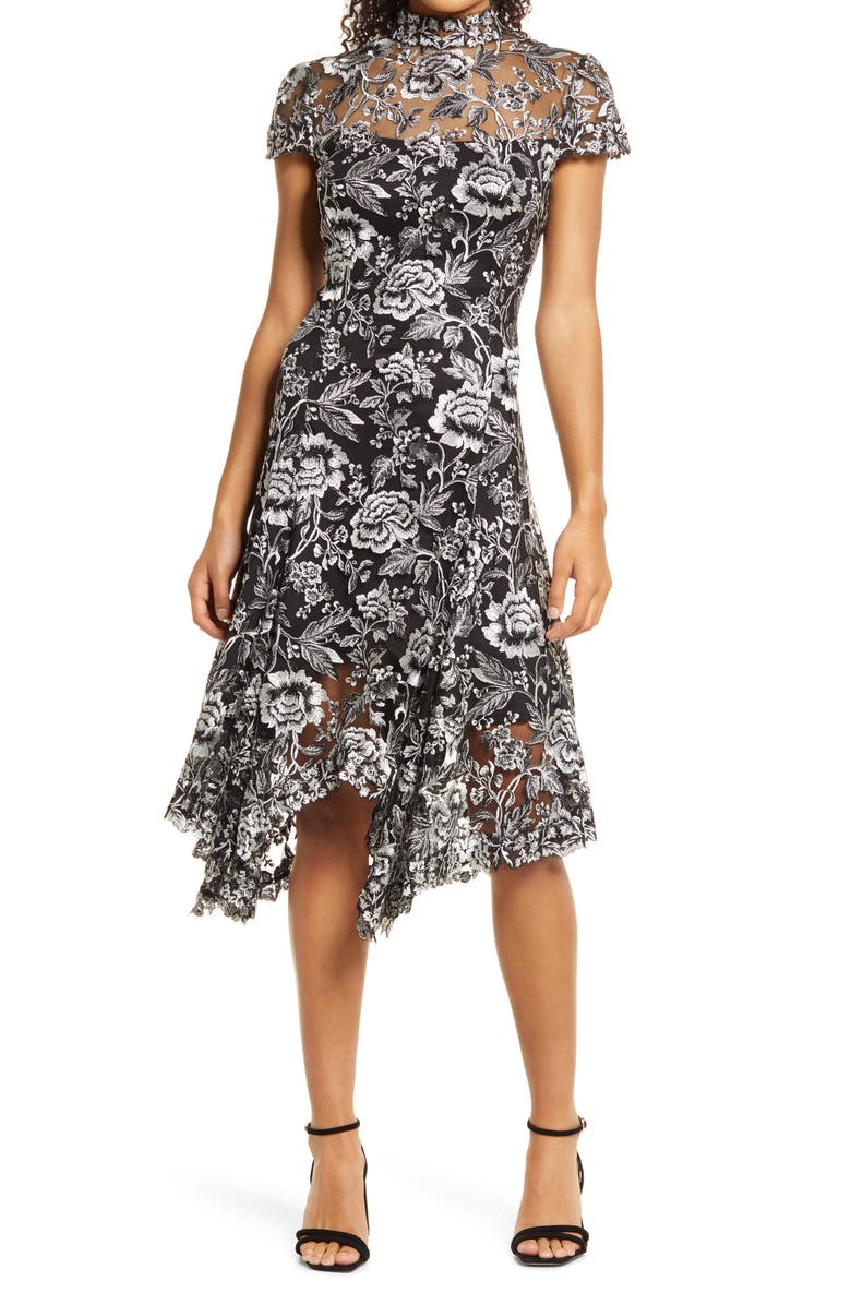 Tadashi Shoji Embroidered Lace Mock Neck Dress, Main, color, 
