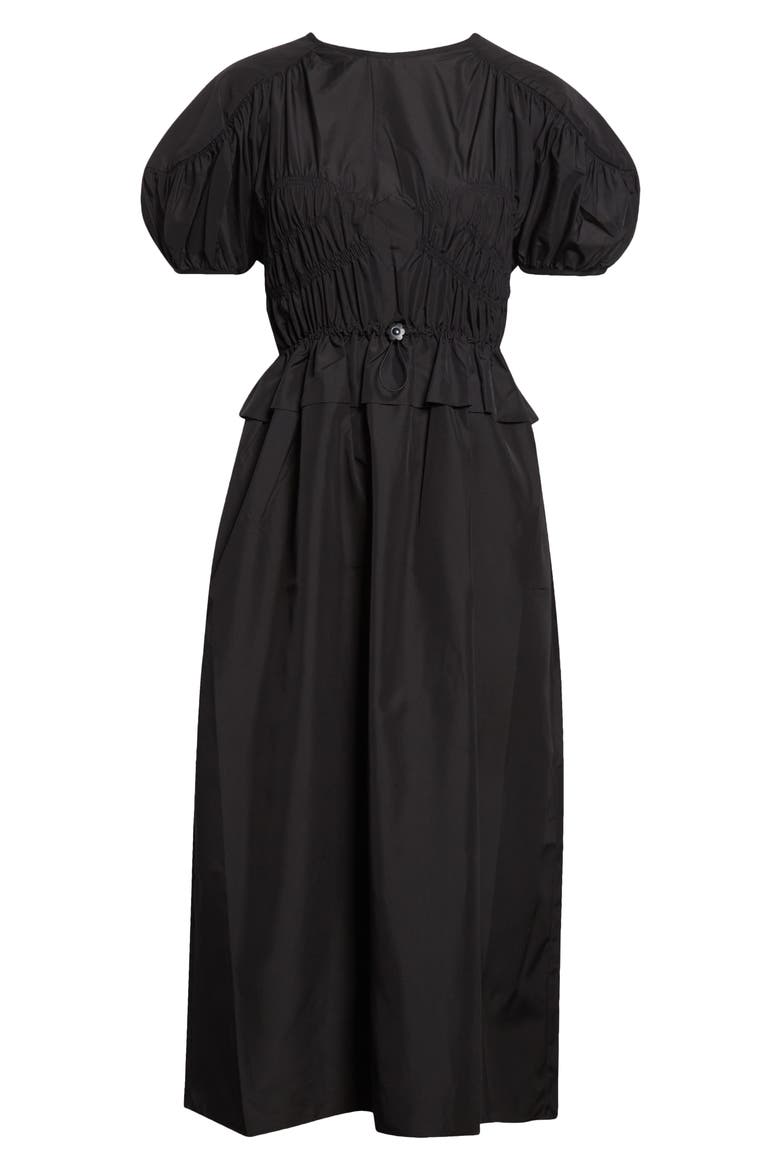 Betsy Ruched Puff Sleeve Drawcord Waist Recycled Faille Dress, Alternate, color, BLACK