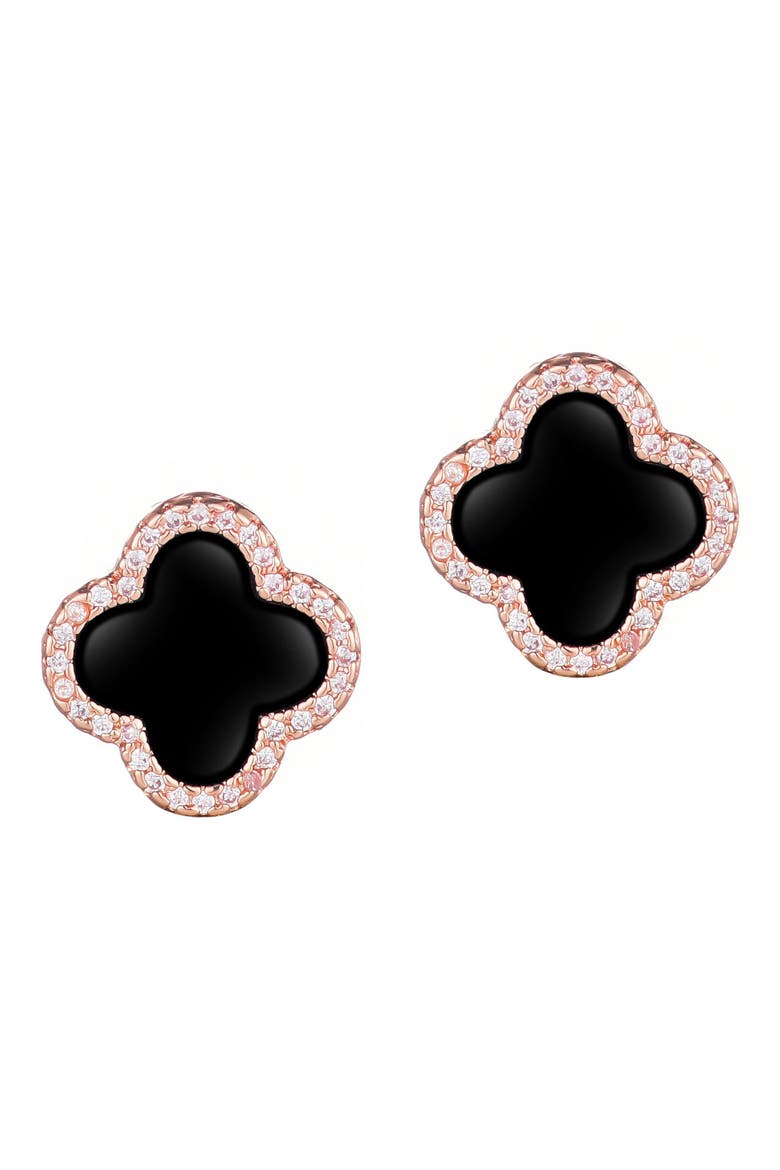 Enamel & Crystal Clover Stud Earrings, Main, color, BLACK