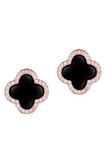 Adornia 14k Rose Gold Plated Black Halo Cz Clover Stud Earrings In Black